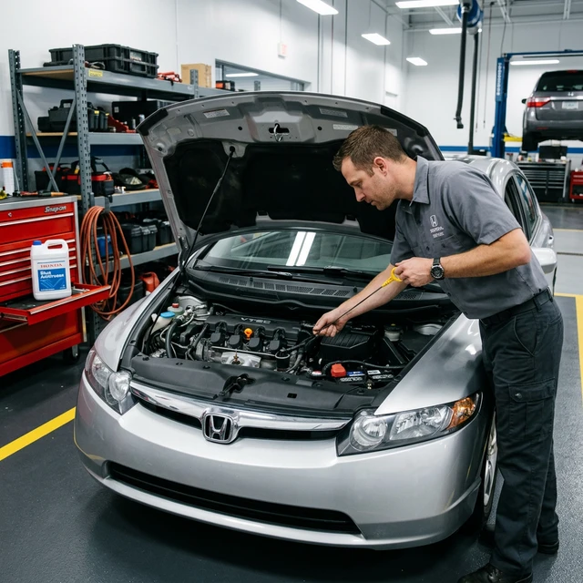 Mechanic inspecting a 2006 Honda Civic engine bay during regular maintenance