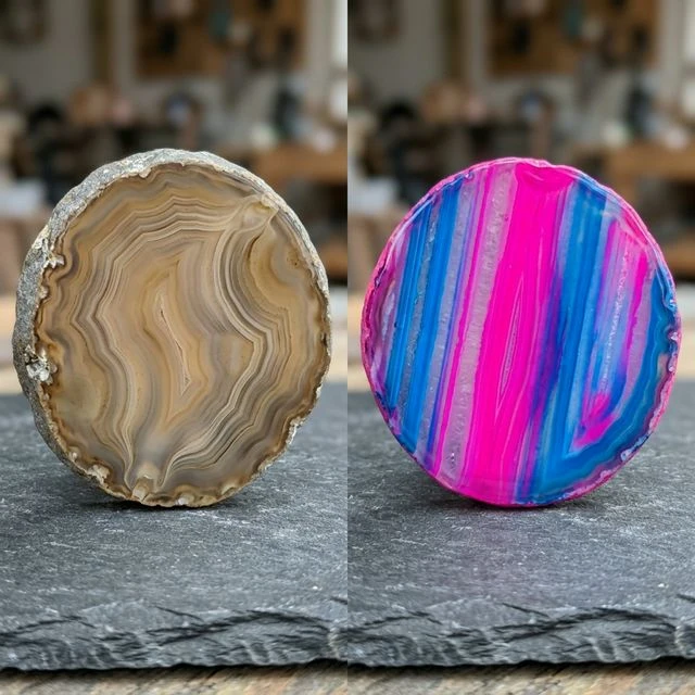 Comparison of natural agate vs dyed fake agate
