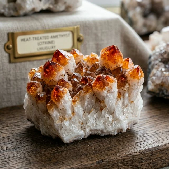 Heat-treated amethyst cluster with orange tips and a white base