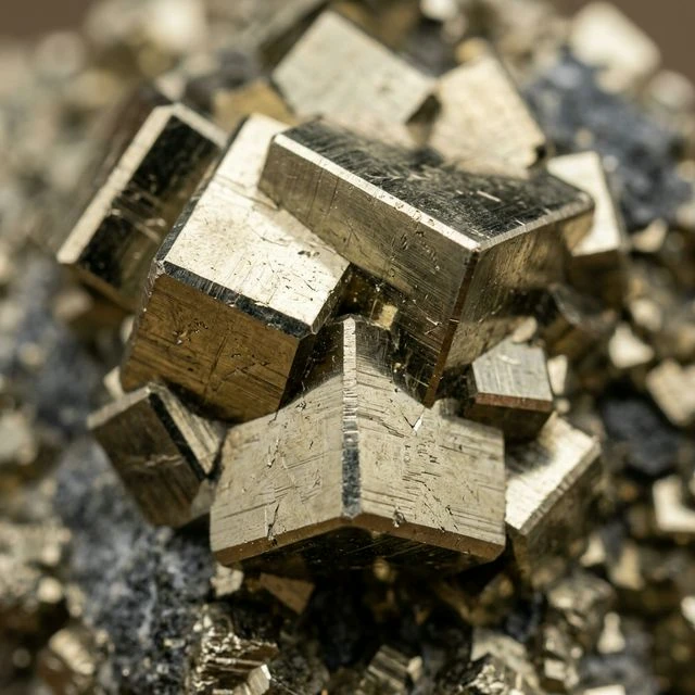 Extreme macro shot of pyrite crystals highlighting the cubic geometric structure and surface luster