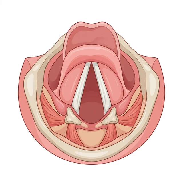 Ilustración médica de la laringe y las cuerdas vocales