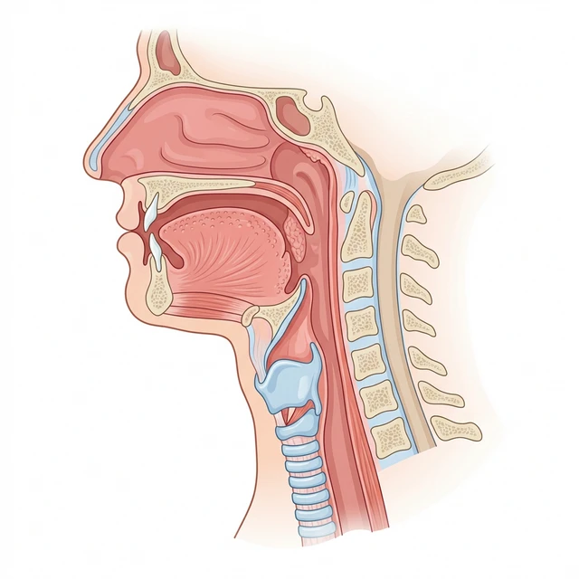 Diagrama médico de la anatomía de la garganta humana mostrando faringe y laringe