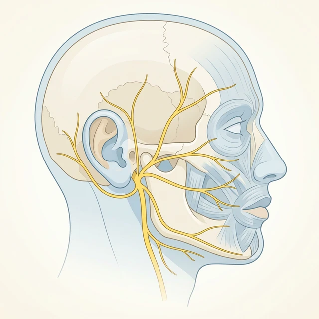 Ilustración médica del nervio facial y su proximidad al oído, zona afectada por el síndrome de Ramsay Hunt.