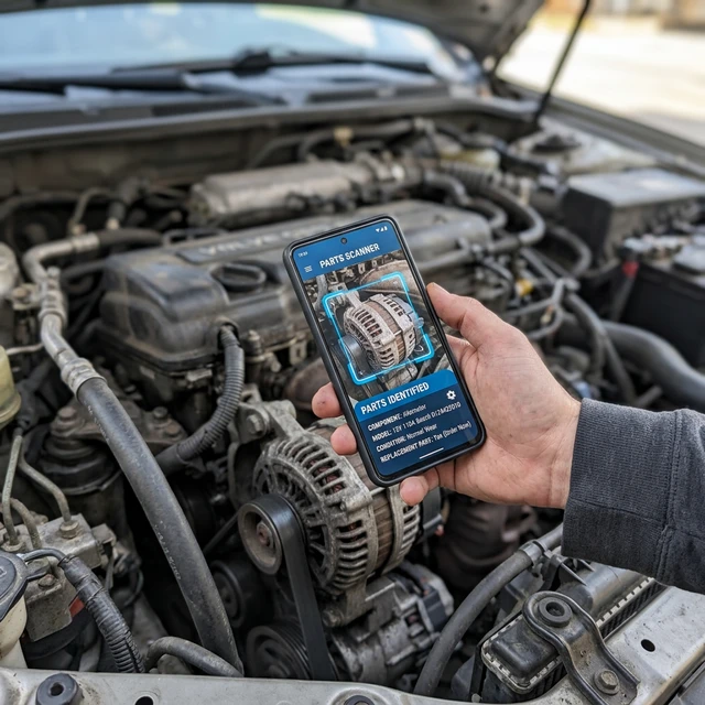 Caméra de smartphone identifiant un alternateur de voiture et affichant un état de maintenance