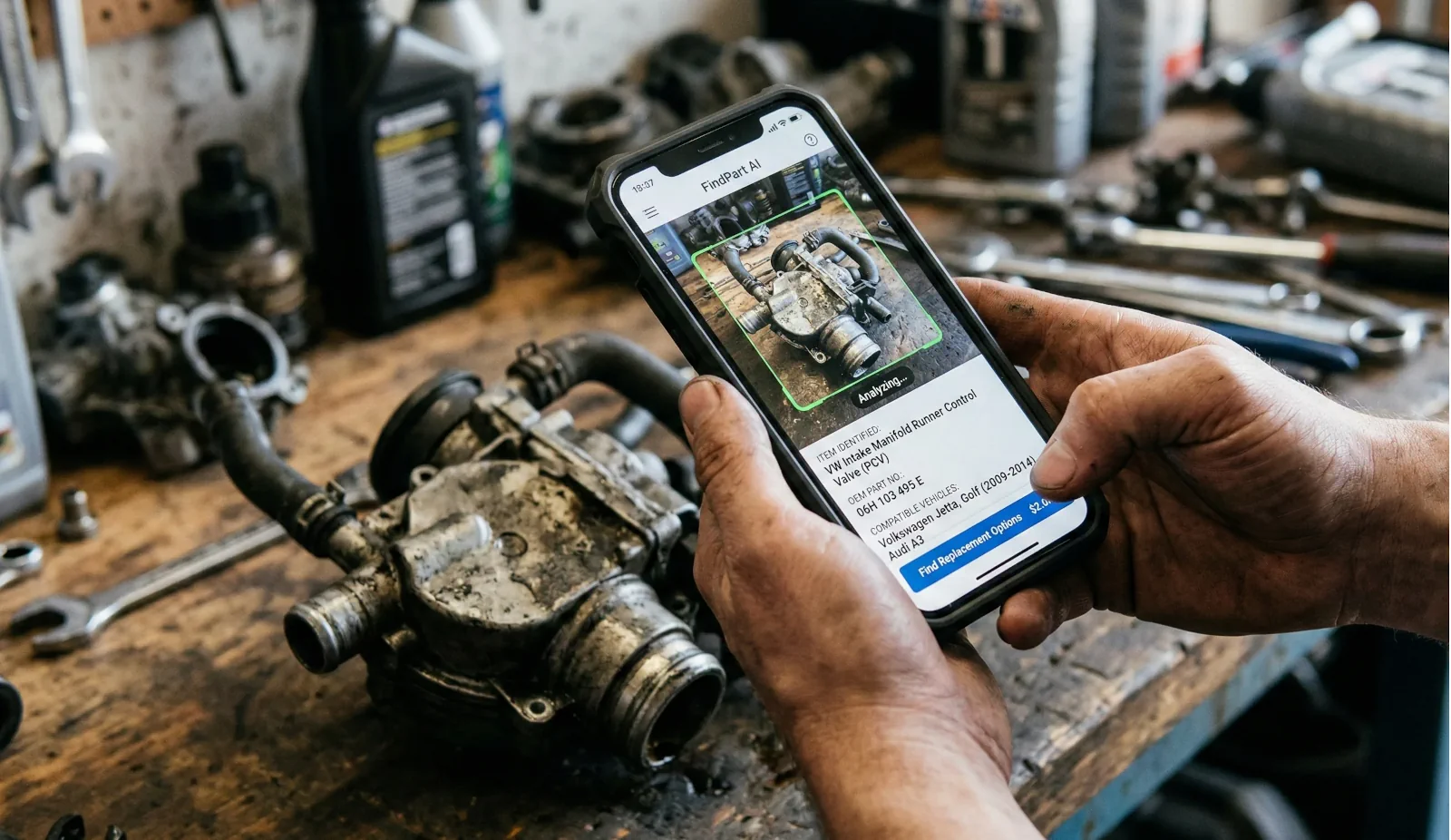 Antarmuka aplikasi pengidentifikasi suku cadang mobil yang menganalisis suku cadang mobil yang kotor dan menunjukkan nama persis serta nomor OEM-nya