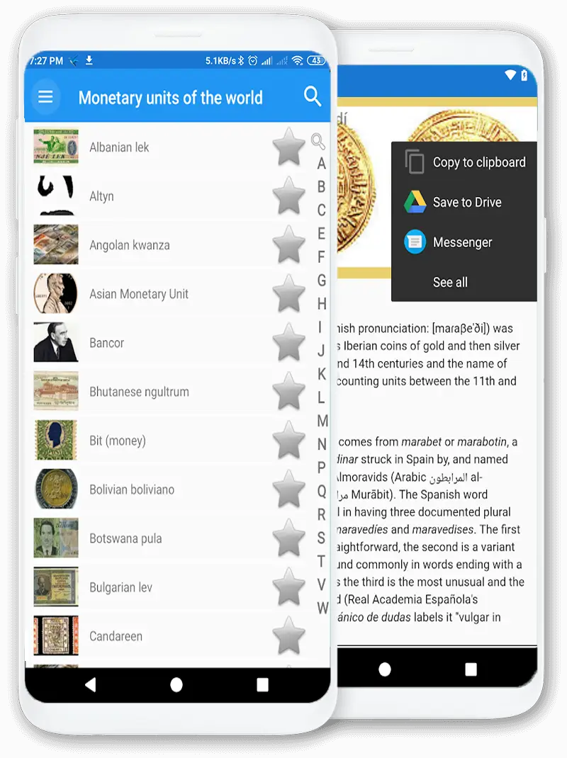 Skärmdump för appen: Världens monetära enheter
