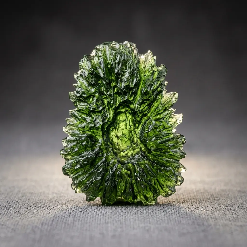 Authentic raw Moldavite specimen with deep Besednice-style sculpturing