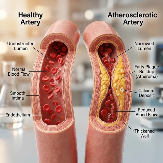 Tverrsnitt av en sunn arterie mot en arterie med plakk