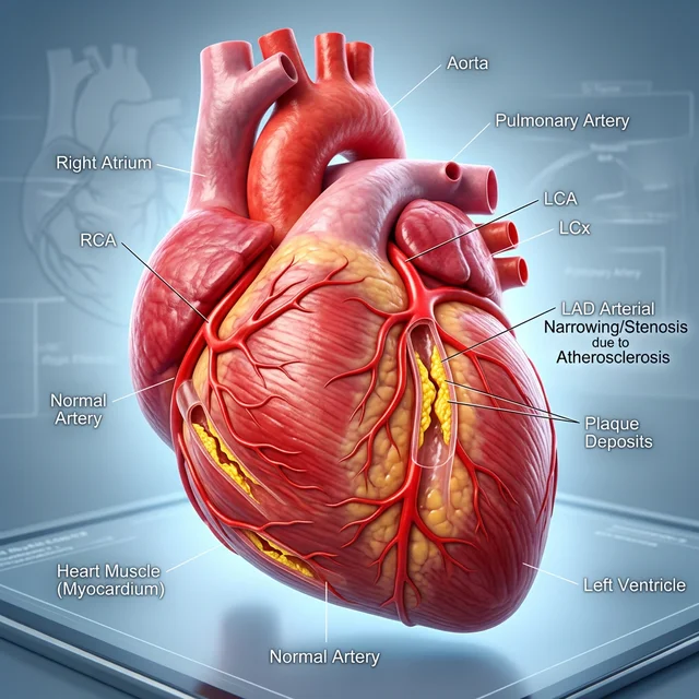 Anatomisk illustrasjon av hjertet med aterosklerose i koronararteriene