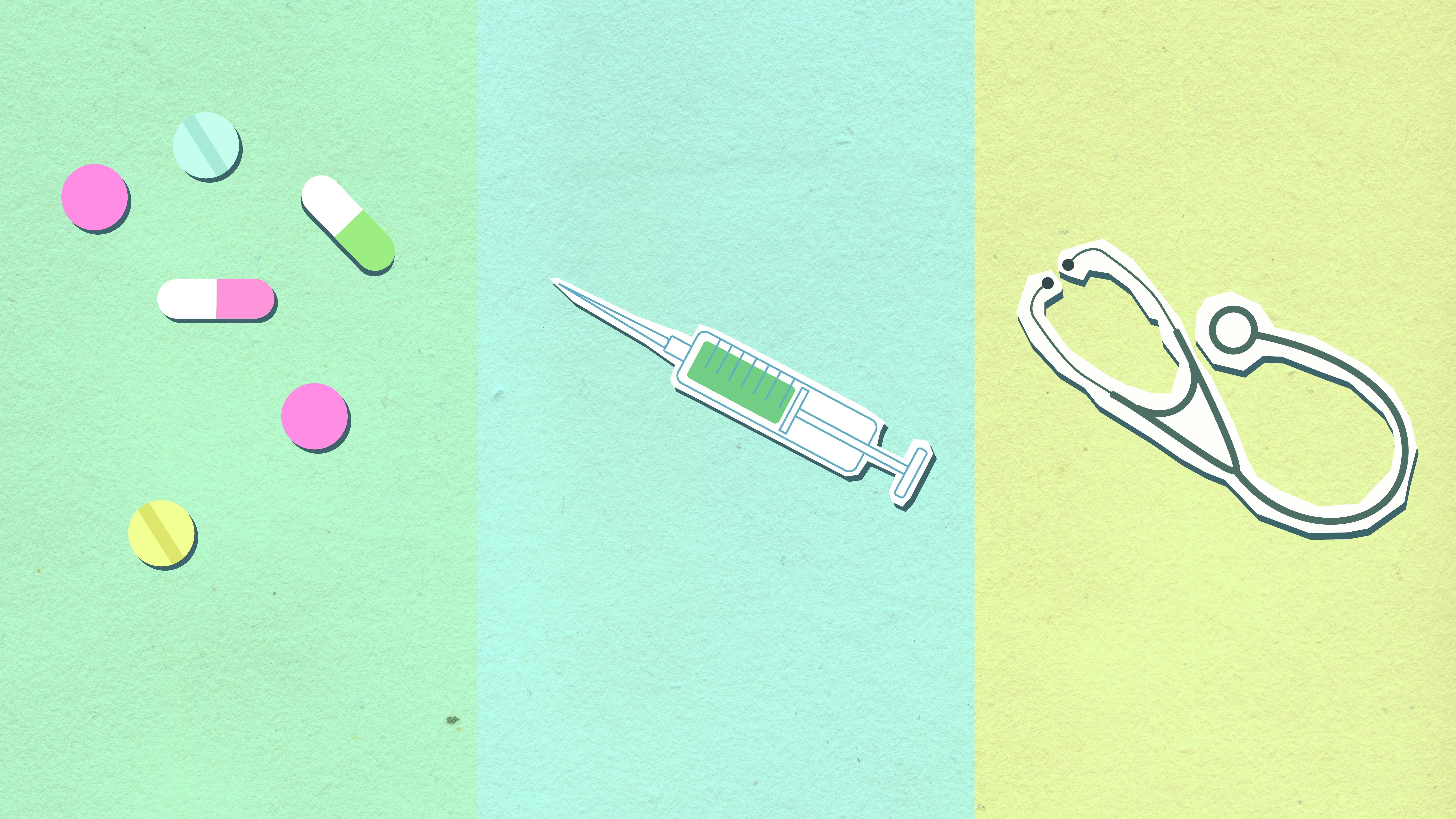Illustrasjon av medisinsk utstyr som piller, sprøyte og stetoskop på fargerik bakgrunn.