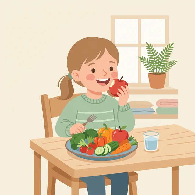 Illustrasjon av et barn som spiser sunn mat med frukt og grønnsaker, som er viktig for forebygging av diabetes.