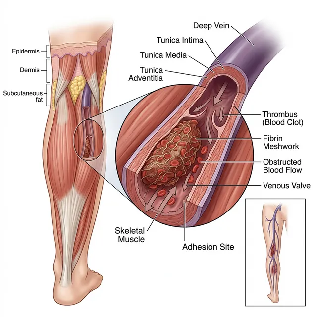 Anatomisk illustrasjon av dyp venetrombose (blodpropp) i leggen