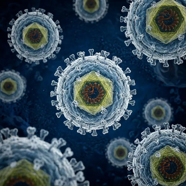 Illustrasjon av varicella-zoster-viruset (VZV) som forårsaker helvetesild og vannkopper.