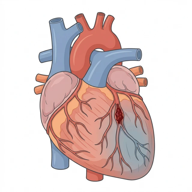 Illustrasjon av et menneskehjerte med en blokkering i kranspulsåren (blodpropp i hjertet).