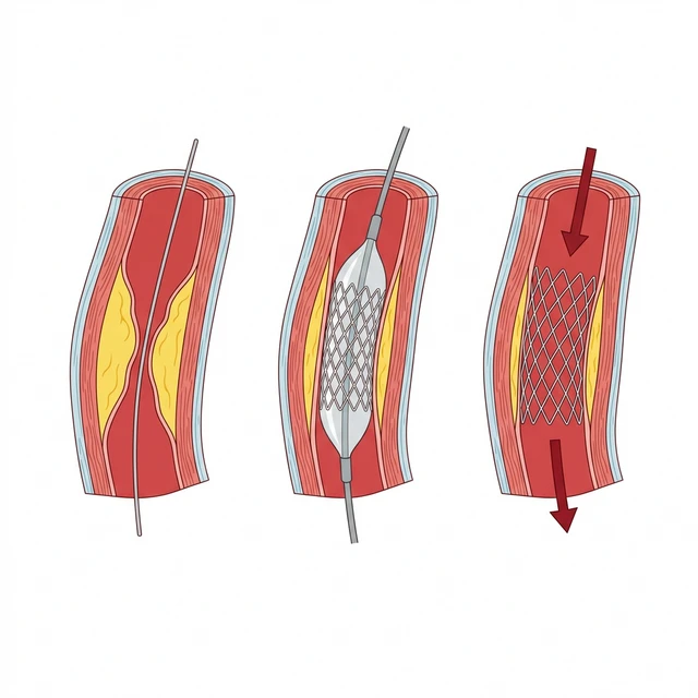 Medisinsk illustrasjon av PCI (utblokking) og innsetting av stent i en hjertearterie.