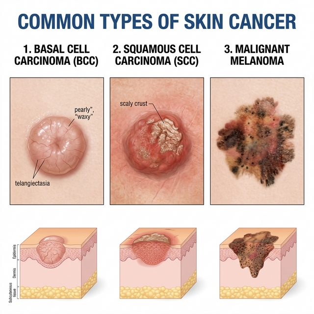 Illustrasjon av ulike typer hudkreft: basalcellekarsinom, plateepitelkarsinom og malignt melanom