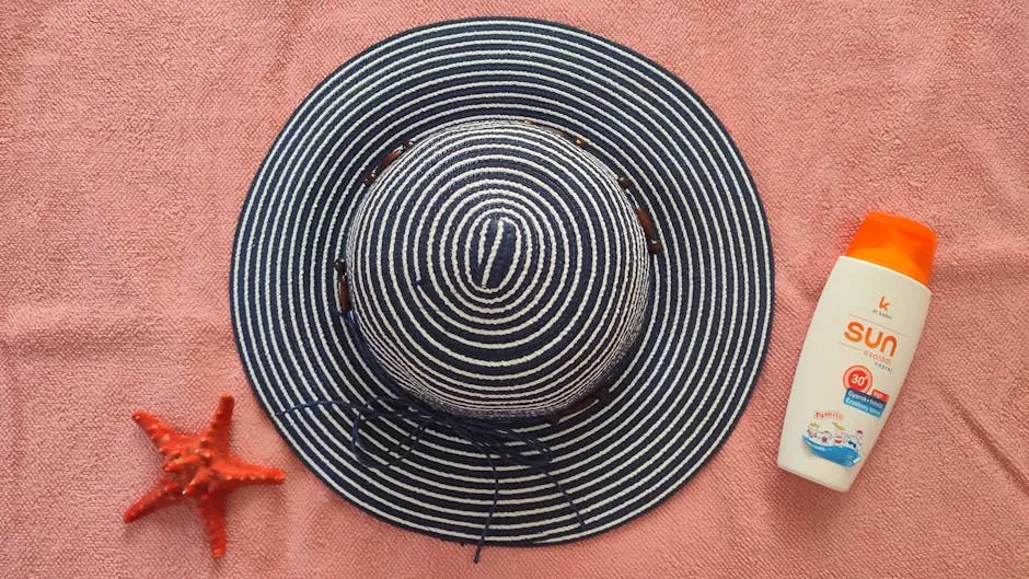 Solbeskyttelse med solhatt og solkrem på stranden