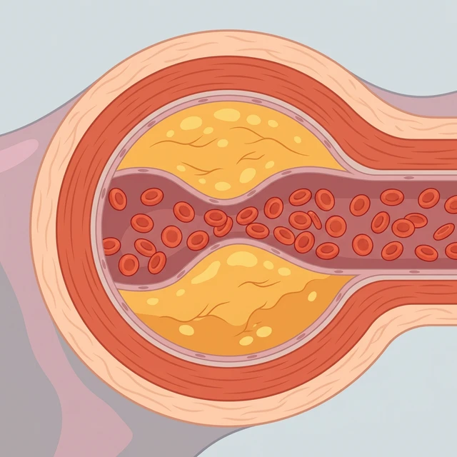 Medisinsk illustrasjon av kolesterolplakk i en arterie som begrenser blodstrømmen