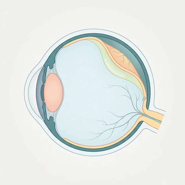 Medisinsk illustrasjon av et tverrsnitt av øyet som viser netthinneavløsning, der netthinnen har løsnet fra sitt underliggende lag.