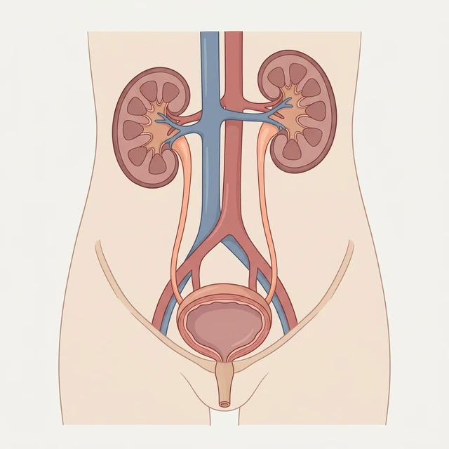 Illustrasjon av det menneskelige urinsystemet som viser nyrer, urinledere, blære og urinrør.