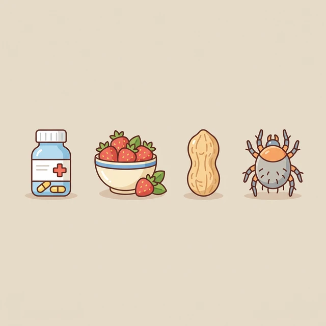 Illustrasjon av vanlige utløsere for elveblest, inkludert mat, medisiner og allergier.