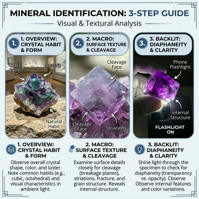 Infografika przedstawiająca 3-etapowy proces identyfikacji minerałów: przegląd, makro i podświetlenie