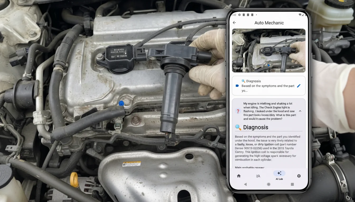 Interface do aplicativo identificador de peças de carro analisando uma peça suja e mostrando seu nome exato e número OEM