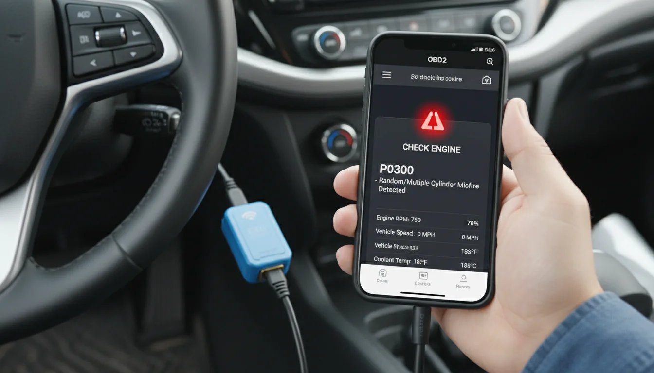 Smartphone exibindo uma interface de aplicativo OBD2 com um código de motor detectado