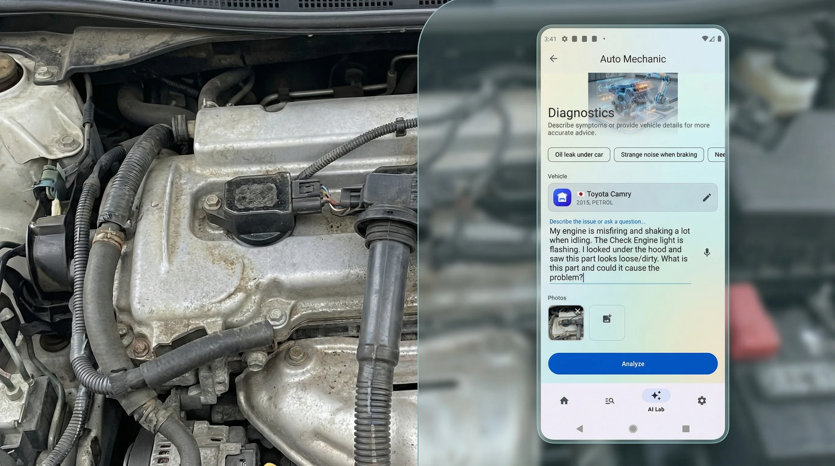 AI Mechanic app interface diagnosing engine misfire and flashing check engine light on a 2015 Toyota Camry