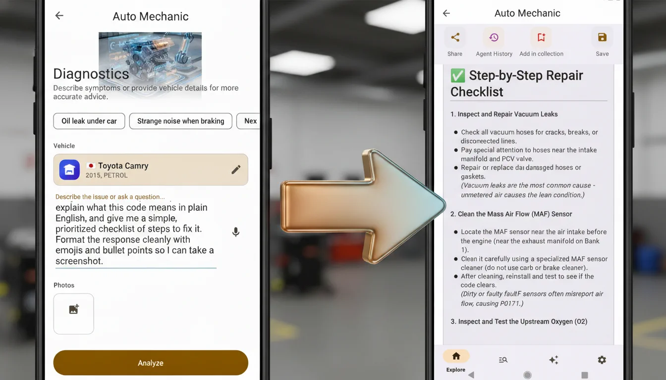 App interface showing an AI mechanic chat explaining a P0171 error code in simple terms