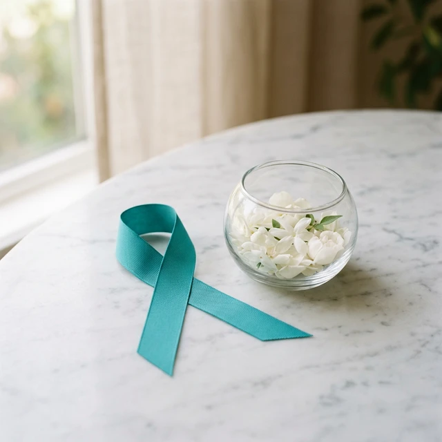 Fotografi av ett blågrönt (teal) medvetenhetsband på en marmoryta bredvid vita blomblad, som symboliserar hopp och stöd vid äggstockscancer.