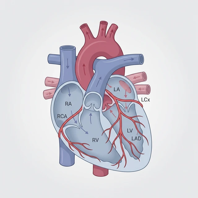 Medicinsk illustration av hjärtat som visar kranskärlen och hur blodet flödar genom hjärtrummen.