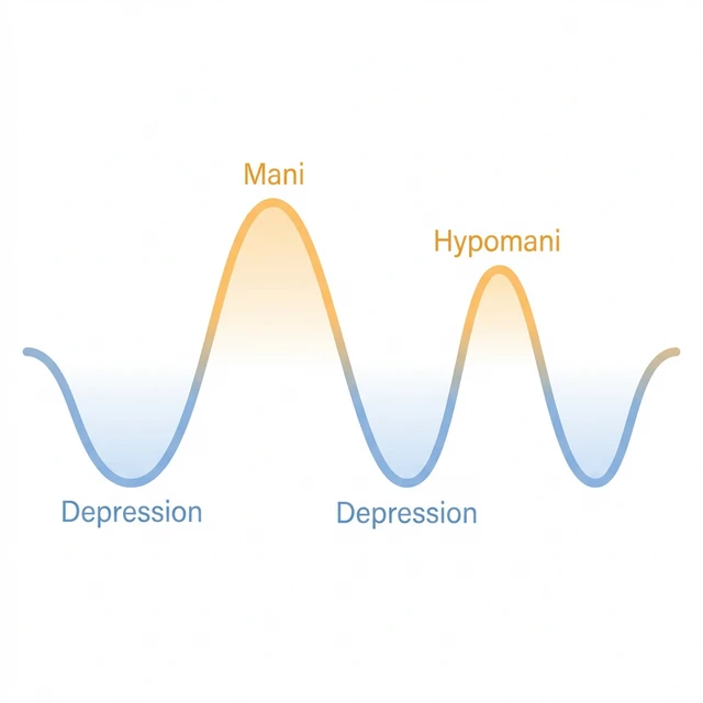 Illustration av bipolära cykler som visar svängningar mellan mani, hypomani och depression.
