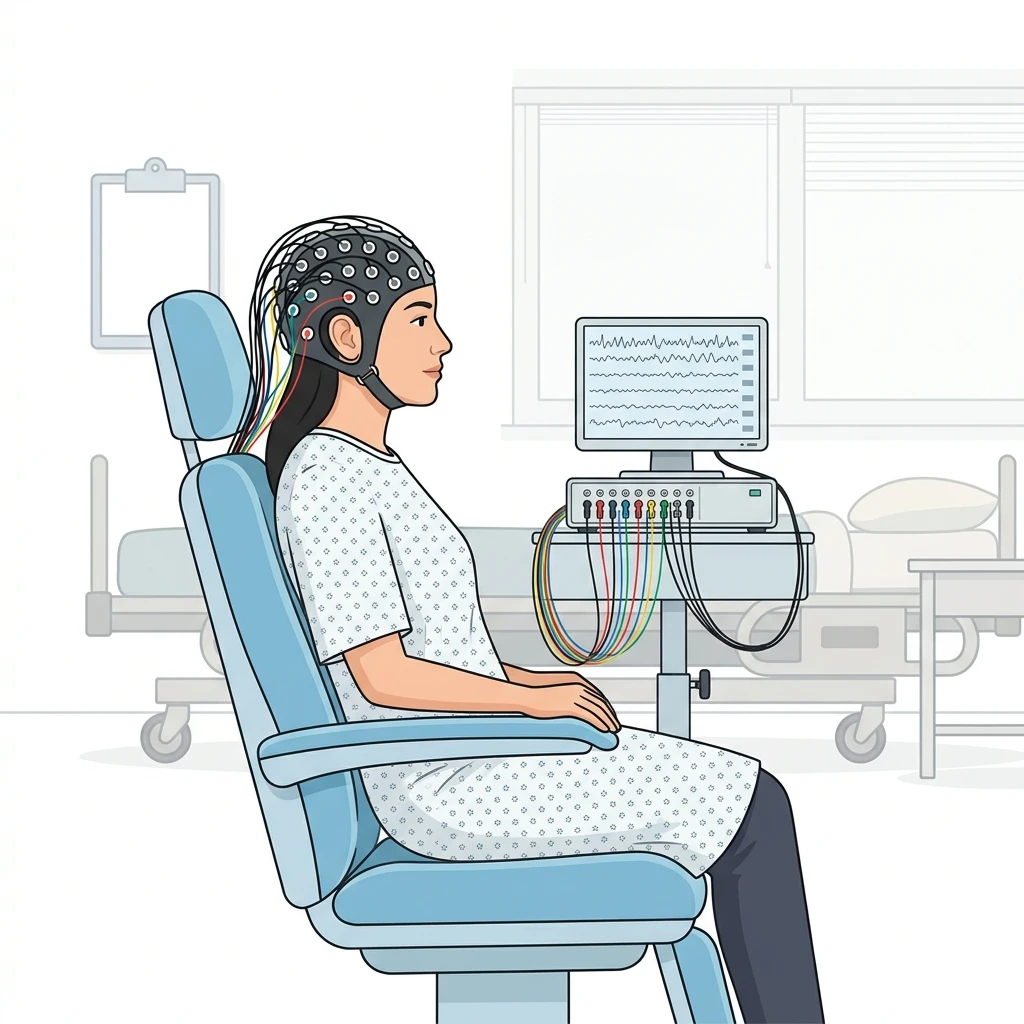 Medicinsk illustration av en patient som genomgår EEG-övervakning med elektroder för att diagnostisera epilepsi.