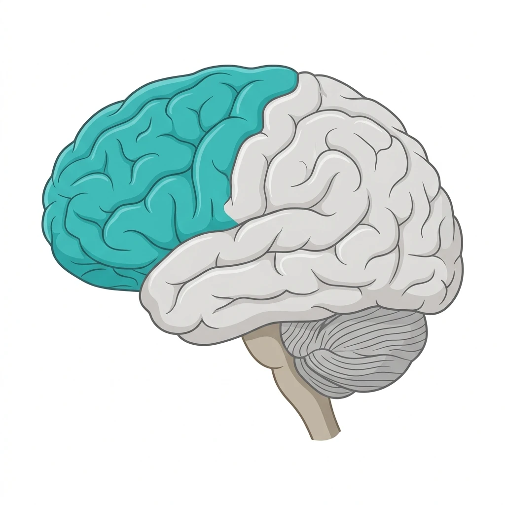 Anatomisk karta över hjärnan som markerar frontalloben (lobus frontalis) för medicinsk förståelse av epilepsi.