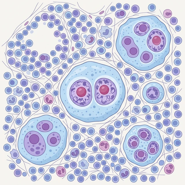 Mikroskopisk bild av Reed-Sternberg-celler, de karakteristiska cancercellerna vid Hodgkins lymfom.