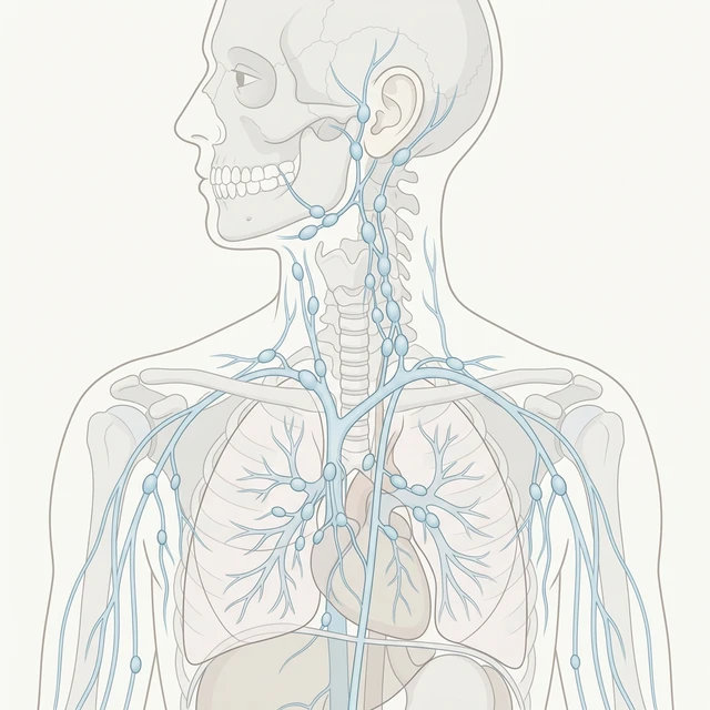 En medicinsk illustration av människokroppens lymfsystem som visar lymfkörtlar och kärl.