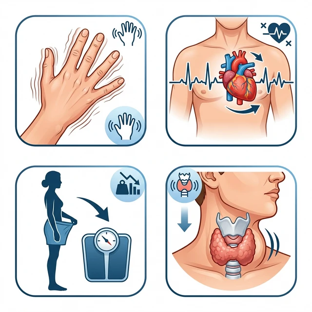 Diagram över vanliga kliniska tecken på hypertyreos som hjärtklappning, darrningar, ofrivillig viktminskning och struma.