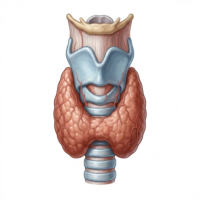Medicinsk illustration av sköldkörteln, en fjärilsformad körtel på halsens framsida som reglerar ämnesomsättningen.