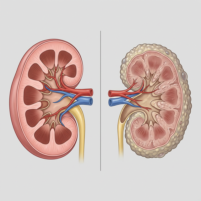 Illustration av frisk njure jämfört med en njure påverkad av kronisk sjukdom