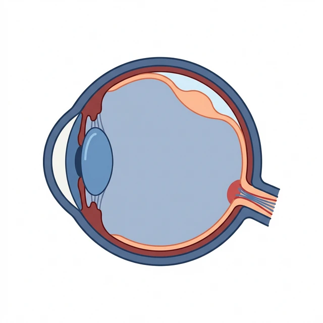 Medicinskt diagram som visar ett öga med en delvis avlossad näthinna från ögats baksida.