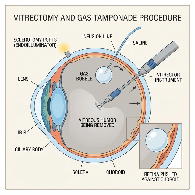 Illustration av vitrektomi där glaskroppen ersätts och en gasbubbla trycker näthinnan på plats.