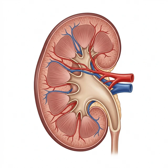 Anatomisk illustration av en frisk mänsklig njure i genomskärning som visar cortex och medulla.