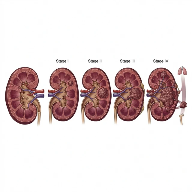 Medicinsk illustration som visar olika stadier av njurcellscancer (njurcancer) i en bönformad njure.
