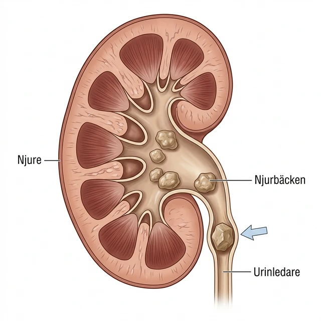 Medicinsk illustration av en njure i tvärsnitt som visar ansamlingar av njursten i njurbäckenet och en sten som fastnat i urinledaren.