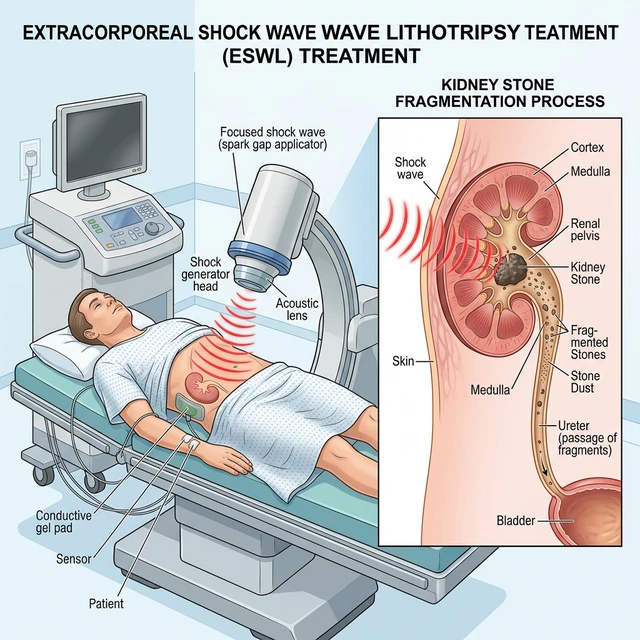 Illustration av stötvågsbehandling för att krossa njurstenar i mindre fragment som kan passera ut naturligt.