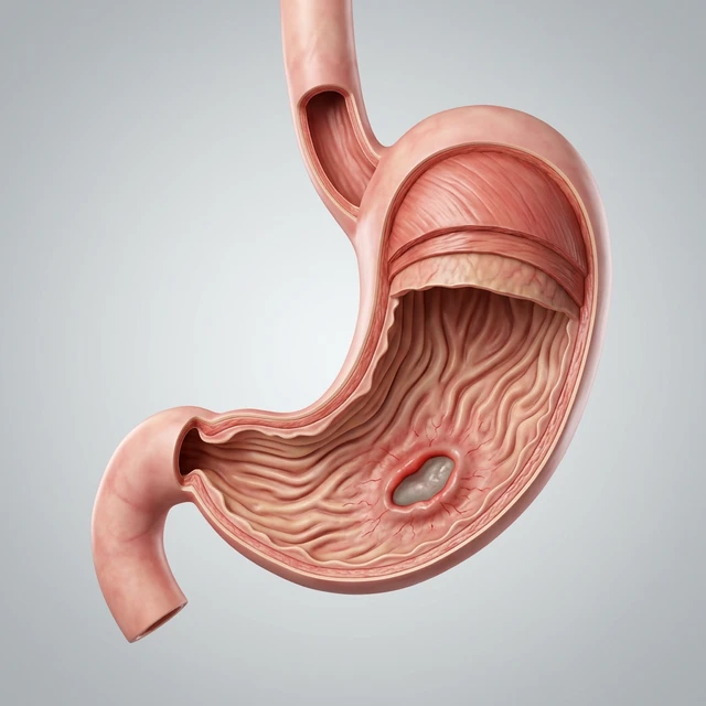Medicinsk illustration av ett magsår i magsäcken