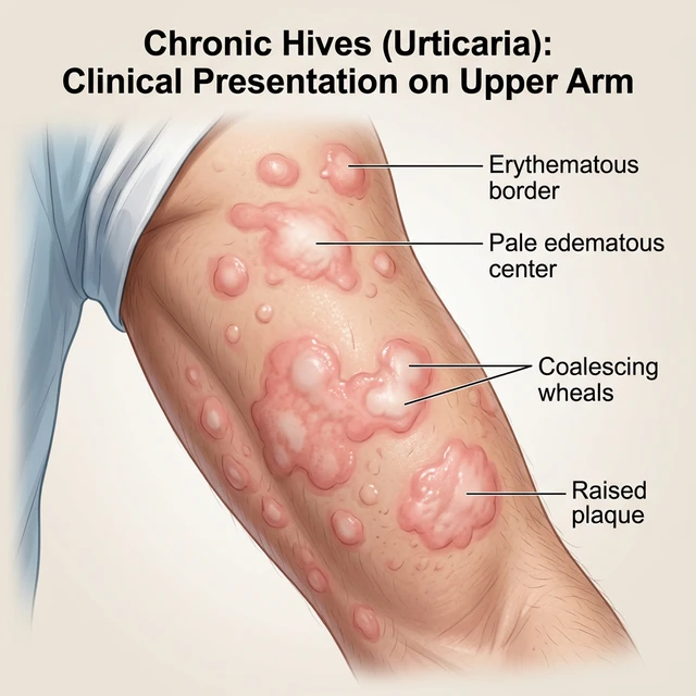 Medicinsk illustration av kronisk urtikaria (nässelutslag) på en arm som visar röda och vita kvaddlar